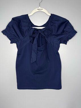 J Crew Shirt Womens XXS Navy Puff Short Sleeve Tie Back Bow Coquette Ruffle Top